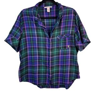 VICTORIAS SECRET‎ Plaid Pajama Shirt Womens Medium Short Sleeve Loungewear